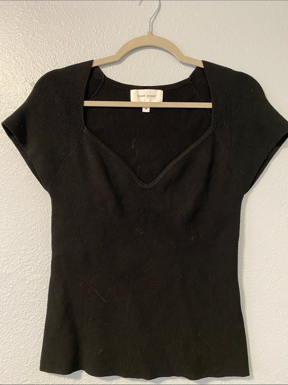 Dear John Black Sweetheart V-Neck Short Sleeve Knit Top Size medium